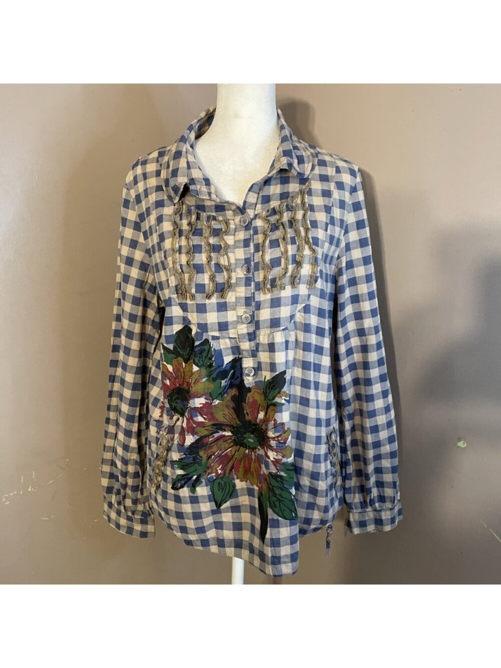 Lhue’er Artsy Floral Peasant Blouse Pockets Boho Watercolor Tunic Top Sz XL
